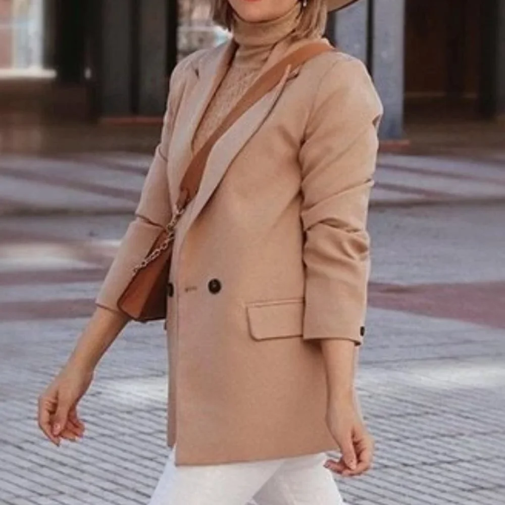 Classy go to Double Breasted Lapel Neck Blazer TAN - Picture 6 of 15